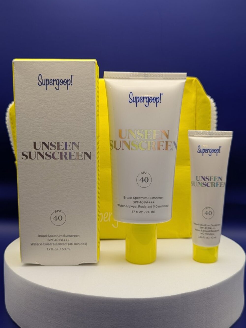 Supergoop! Unseen Sunscreen SPF40 FS NIB + New Mini + Supergoop Yellow Pouch